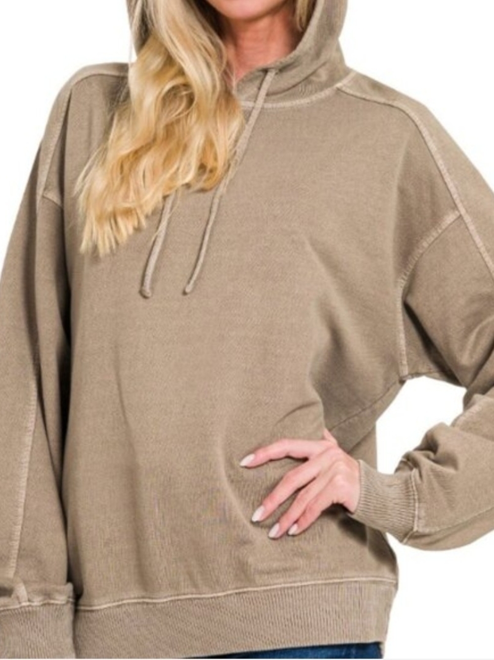 Casual Mocha Hooded French Terry Sweatshirt - Women